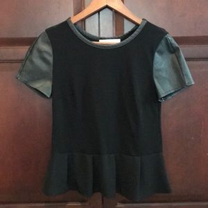Faux Leather Sleeve Peplum Top